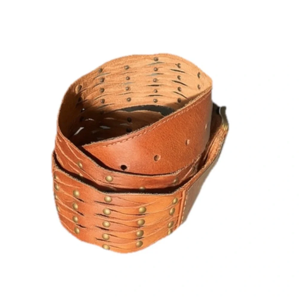 Hollister Size Large 35”-39” Brown Woven Genuine 100% Leather Studded Wide Belt